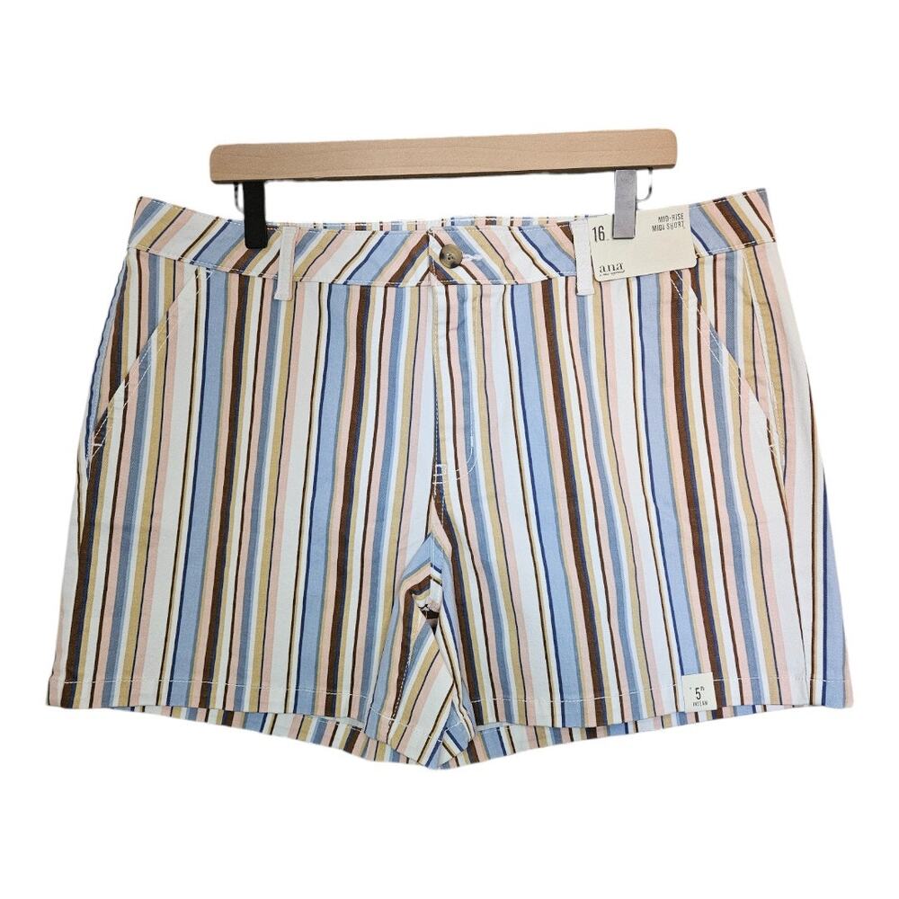 NEW a.n.a Women's Striped Mid Rise Twill Shorts Multicolor Size 16